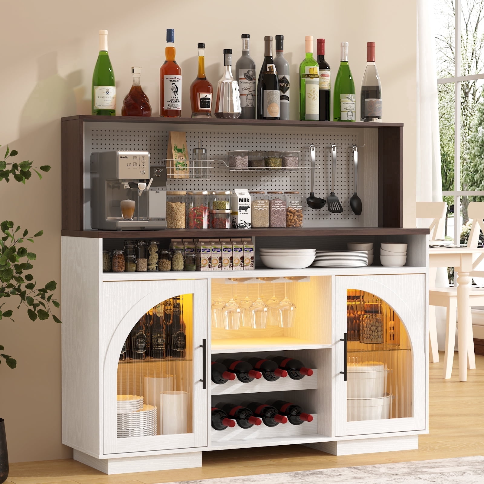 54" Coffee Bar Cabinet with LED Light,Wine Bar Cabinet,Kitchen Hutch Cabinet for Dining Room,White
