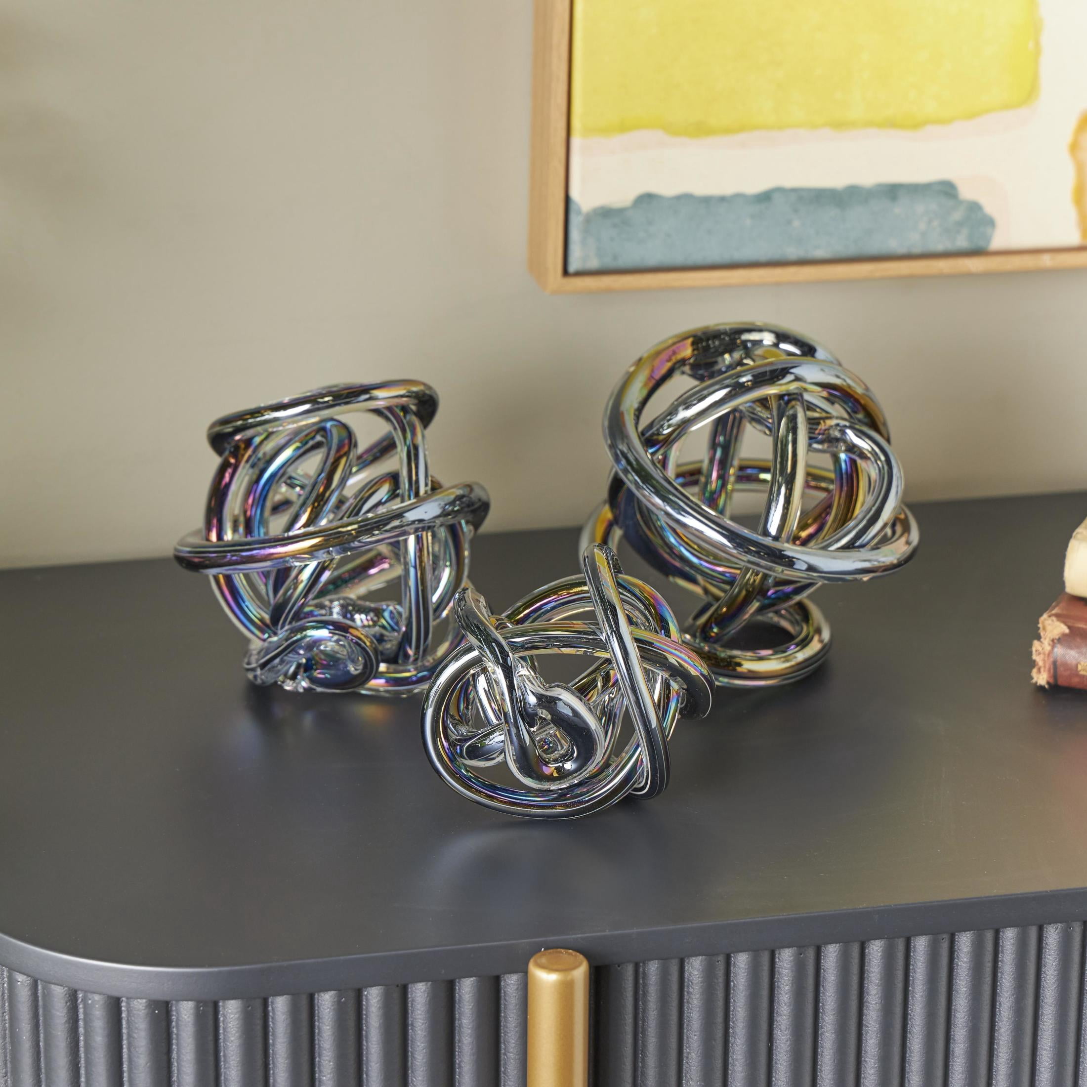5", 4", 4"W Dark Gray Glass Handmade Iridescent Knotted Ball Abstract Sculpture, by DecMode (3 Count)