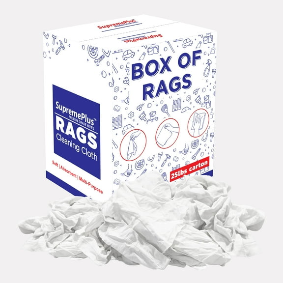 SupremePlus Knit T Shirt Rags for Cleaning 25 lbs Box of Rags Commercial Multipurpose Cotton Household Cleaning Cloths & Wipes, White, 225 Count