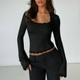 thumbnail image 2 of Womens Slim Fit Y2k Shirts Casual Crop Shirt Square Neck Lace Trim Long Bell Sleeves Shirts Fashion Blouses Flare Sleeve Tops Fitted T-Shirt Low Cut Sexy Outfits for Spring Fall 2026, 2 of 8