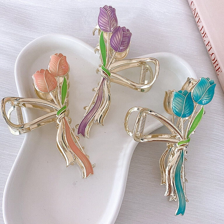 US 1~2 Pack Tulip Floral Enamel Large Metal Hair Claw Flower 