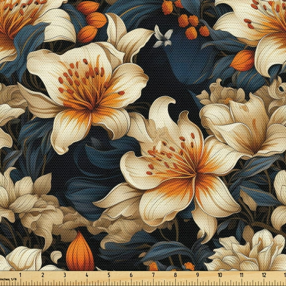 Ambesonne Floral Fabric by the Yard Upholstery, White Peonies Pattern Plot, 1 Yard, Dark Orange and Slate Blue