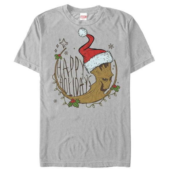 Men's Marvel Christmas Guardians of the Galaxy Groot Cartoon  Graphic Tee Silver Large