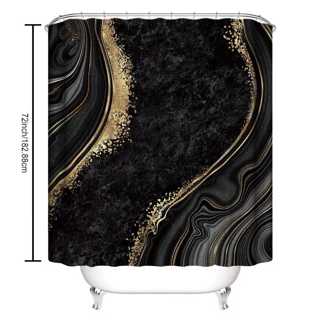 4Pcs Luxury Marble Shower Curtain Sets, Bathroom Set with Shower Curtain,Toilet Lid Rug, Contour Mat and Bath Mat, Shower Curtain with 12 Hooks for Bathroom Sets Decor 72 x 72 Inch, Black