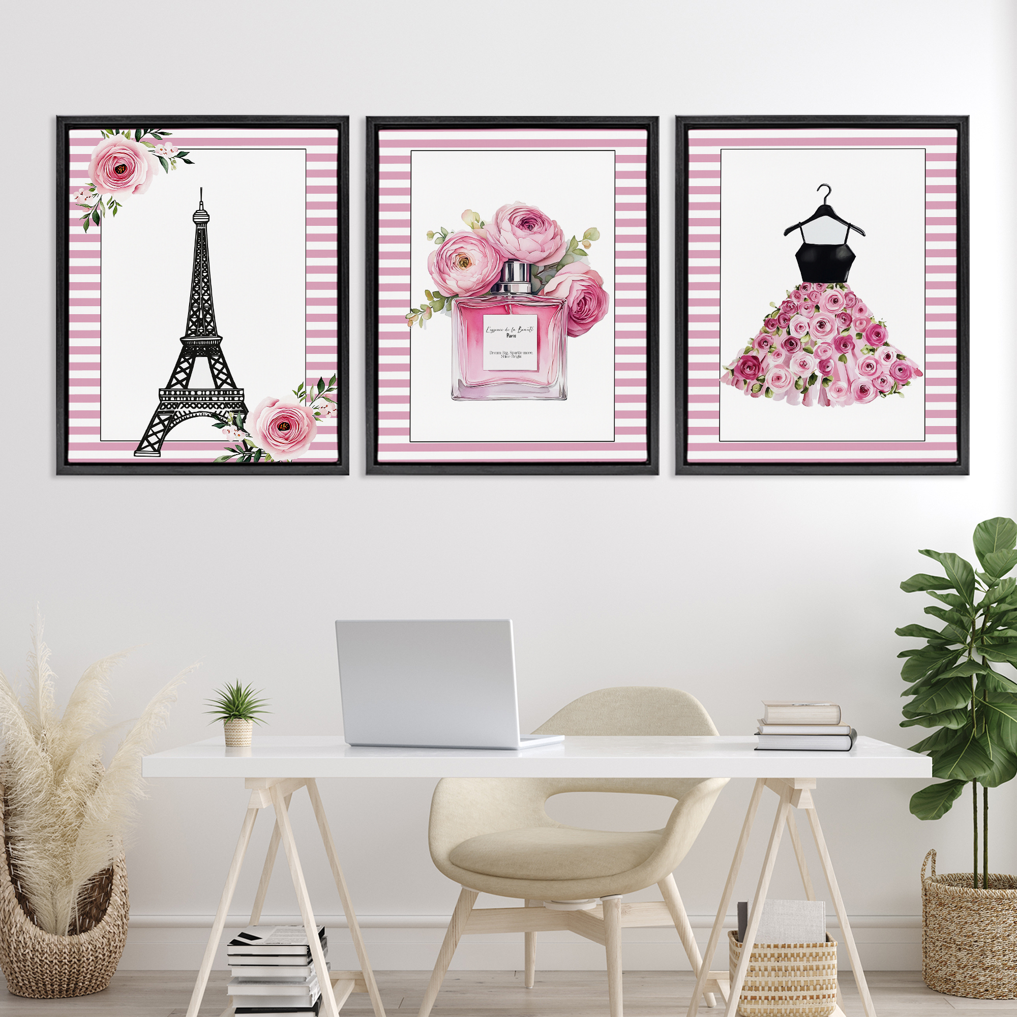 Parisian Glam with Stripes 3 Piece Black Framed Floater Canvas Set, design by Christine Simpson Art
