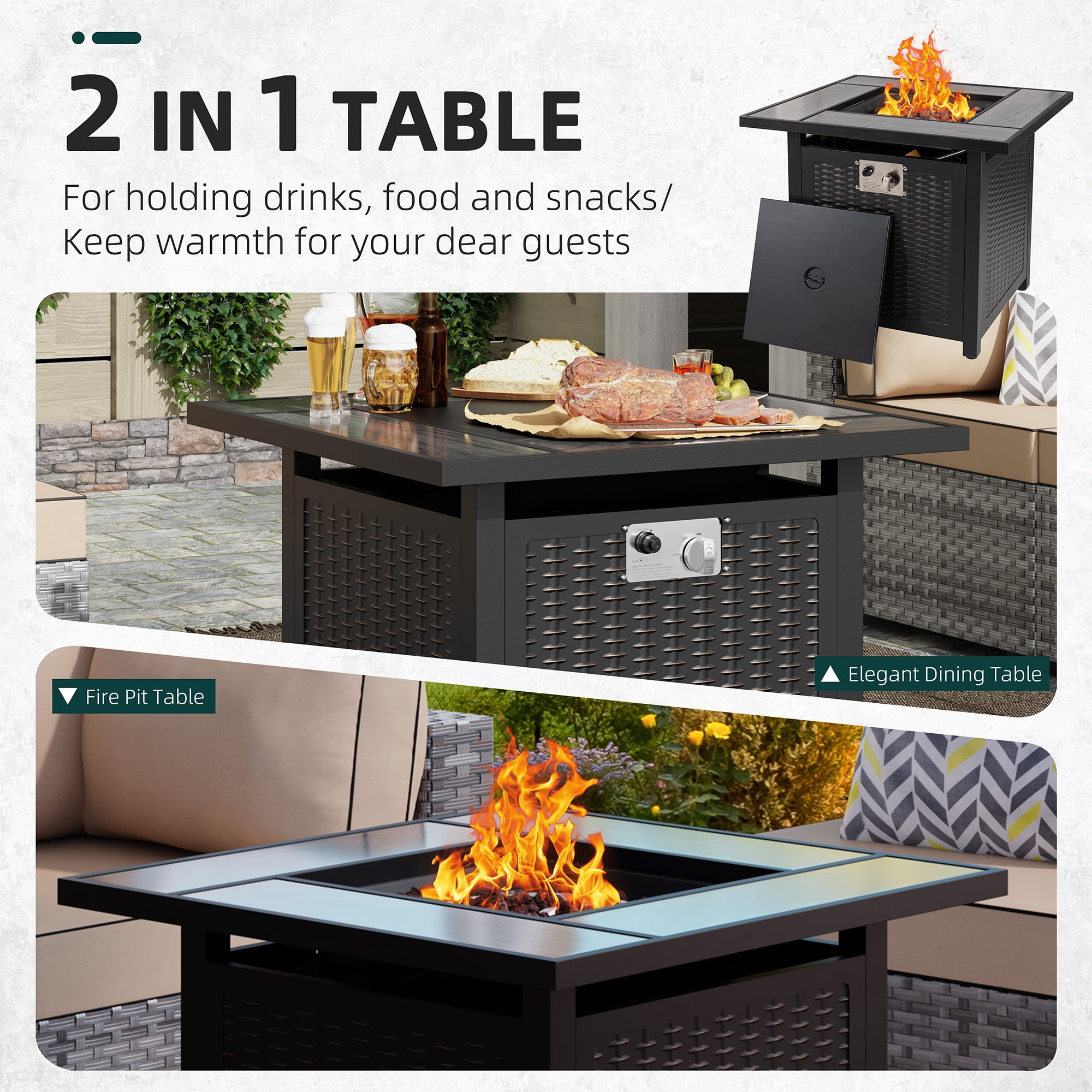 Walsunny 30" Propane Gas Fire Pit Table with Lid 50,000 BTU Square Outdoor Wicker Light Grey