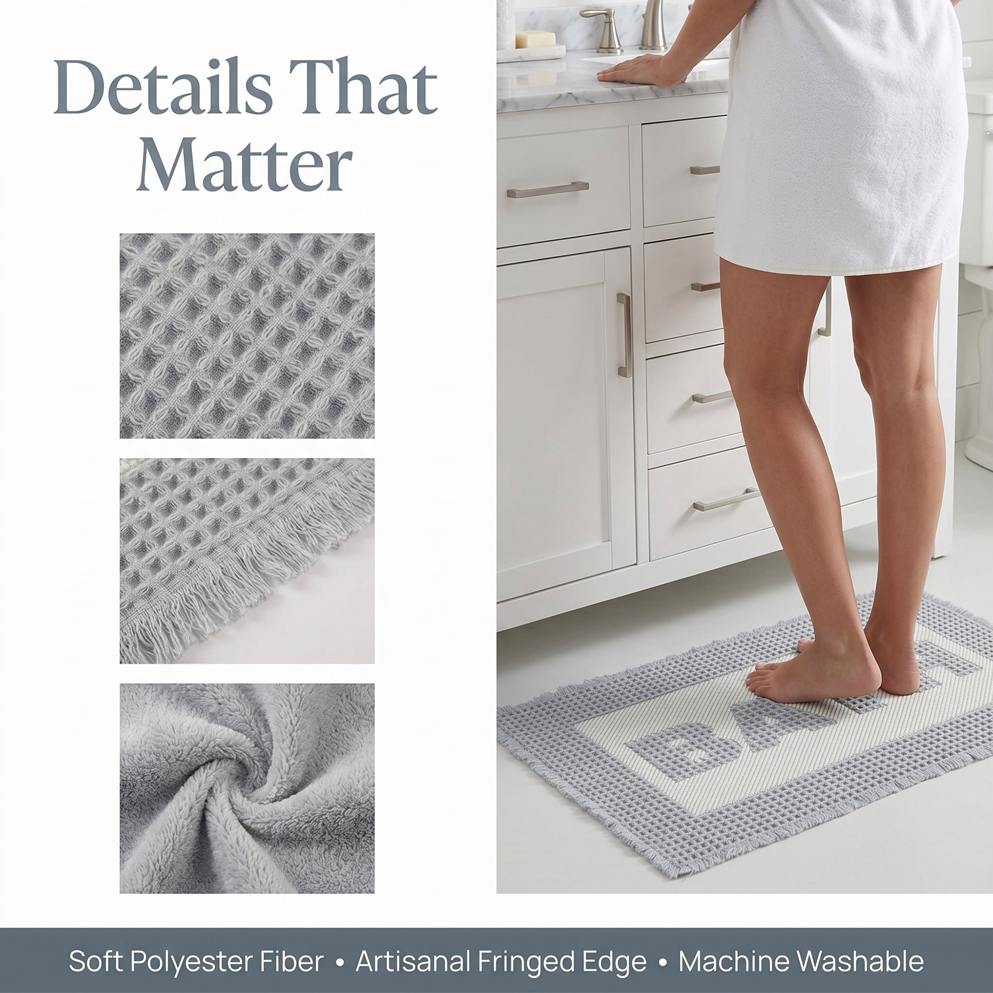 Unique Bargains Non Slip Washable Absorbent Quick Dry Waffle Bath Mat Light Gray 30" x 18"