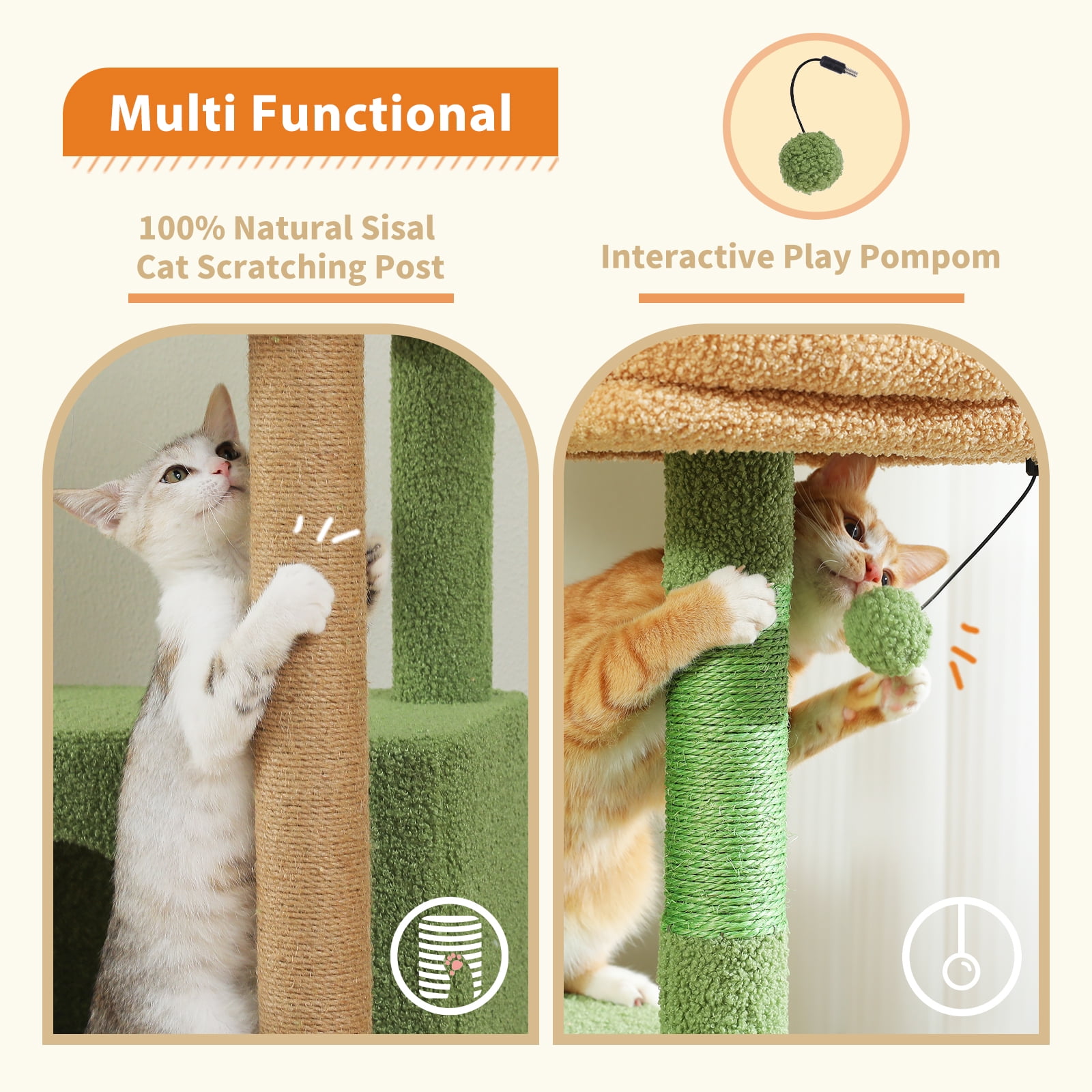 Pefilos 68" Tall Cat Tree Tower for Indoor Big Cats with Extra-Big Top Perch [21'' x 17''], 2 Large Condos, Scratching Post and Cozy Hammock, Green