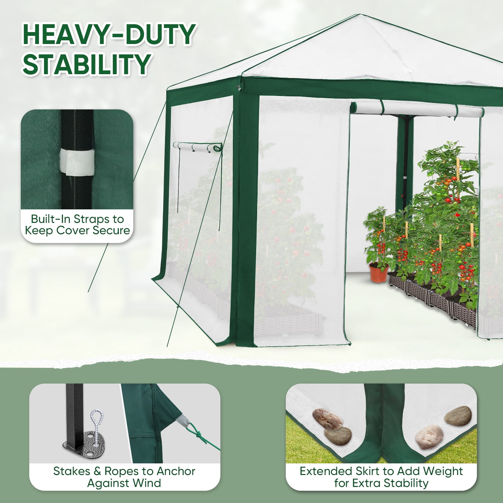 EAGLE PEAK 10x10 Portable Walk in Greenhouse , Heavy Duty Instant Pop Up Green House, Front Roll Up Zipper Entry Door and Mesh Windows, Green/White