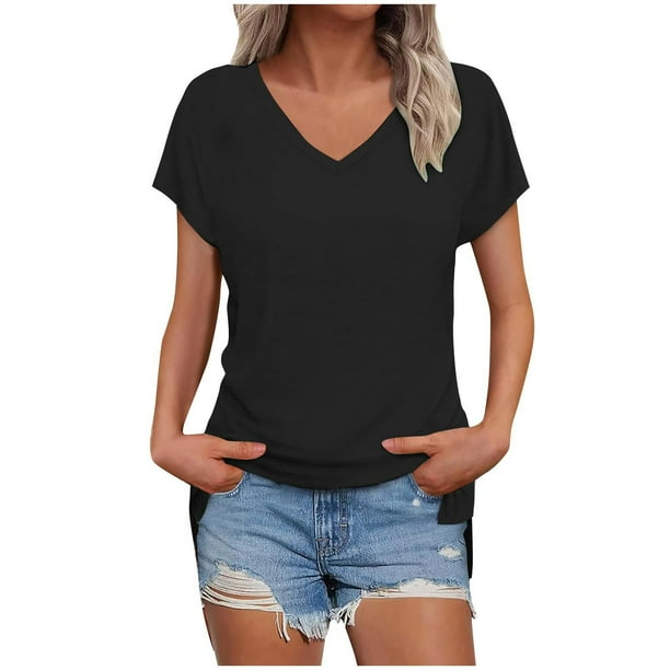 Tops de Manga Corta para las Mujeres Suelto Ajuste Cuello en V Manga Raglan Hendidura, Moda Blusa Sólida para el Hogar Y Diario