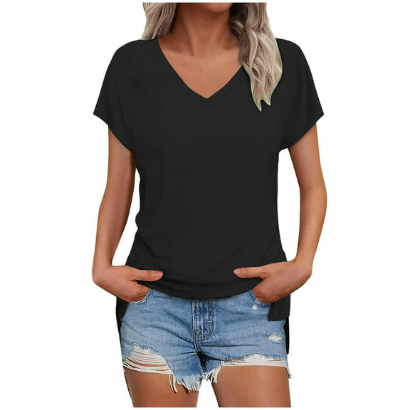 JSheng Women Summer Casual Top Womens V-Neck T-Shirt Solid Color Slit Raglan Sleeve Short Sleeve Top Black XXL