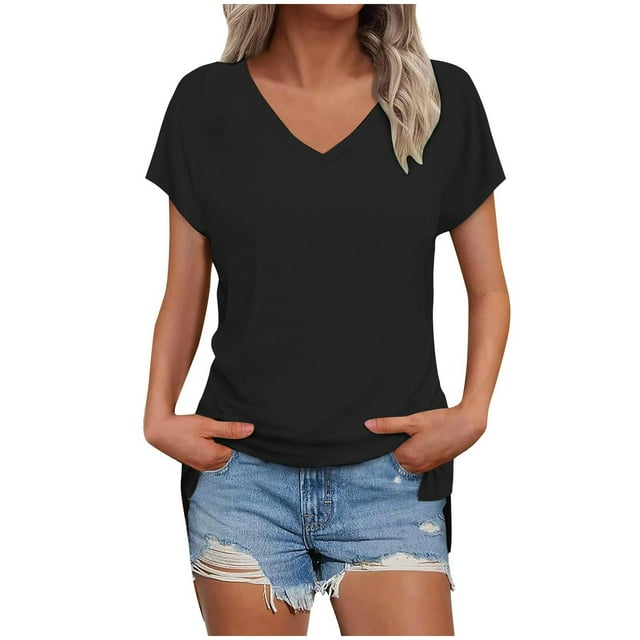 Timegard Top for Women V Neck Drop Shoulder Side Split Solid Color Comfy Casual Basic Tee Shirts Summer