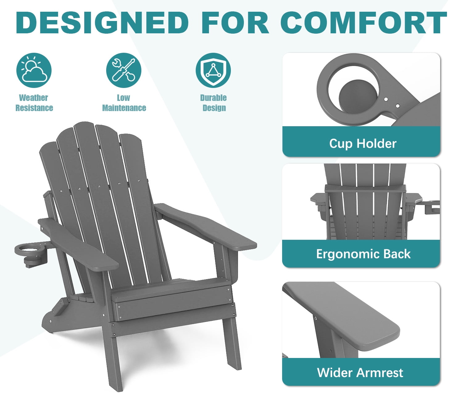 FOOWIN Adjustable Backrest Folding Adirondack Chair Set of 2, HDPE Weather Resistant Adirondack Chair with Cup Holder, Fire Pit Chair, Grey