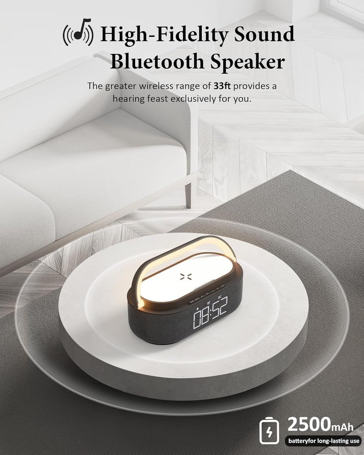 FreeFish Bluetooth Speaker Alarm Clock with Wireless Charger, LED Night Light, 2500mAh Battery - For Bedroom, Home + 18W Adapter Black