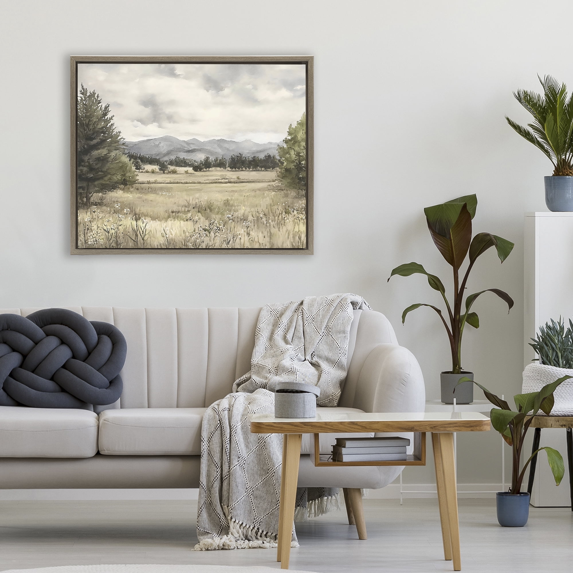 Stupell Industries Muted Mountain Meadow Brown Framed Floater Canvas Wall Art, design by Riley B