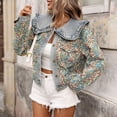 thumbnail image 3 of Women's Floral Print Cropped Denim Jacket, Sweet Peter Pan Collar Button Down Vintage Casual Coat, 3 of 6