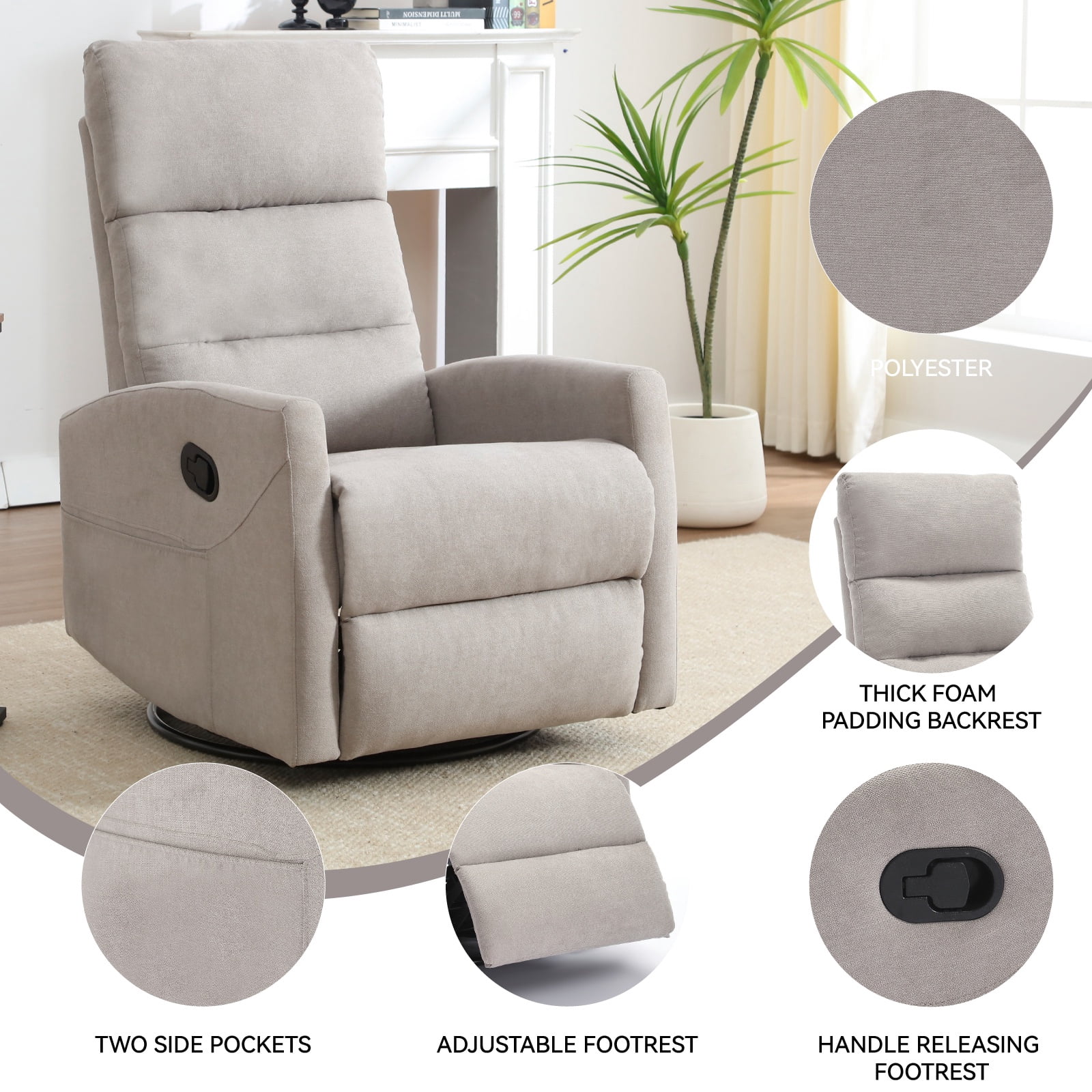 360°Swivel Rocker Recliner, PAPROOS Small Rocking Recliner Chair, Home Theater Recliner with 2 Side Pockets, Nursery Glider Recliner, Manual Recliner for Adults for Living Room,   Light Gray