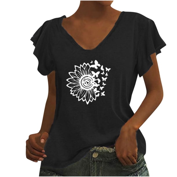Camiseta informal para mujer, blusa estampada con volantes, manga corta, cuello en V, Tops Fridja ghk6774