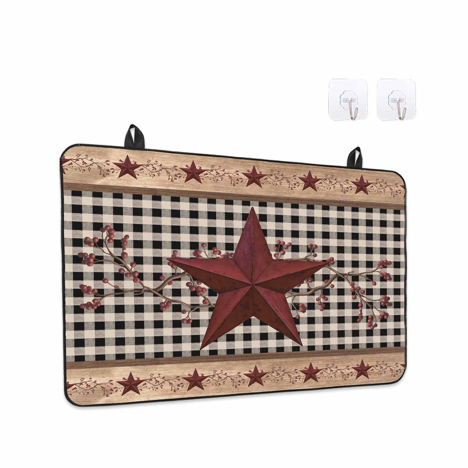 Red Texas Star Farmhouse Stove Top Cover for Electric Stove, Heat-proof & Non Slip Glass Top Stove Cover Protector, Black Plaid Berry Country Kitchen Flat Cooktop Rubber Mat 24x21 Inches