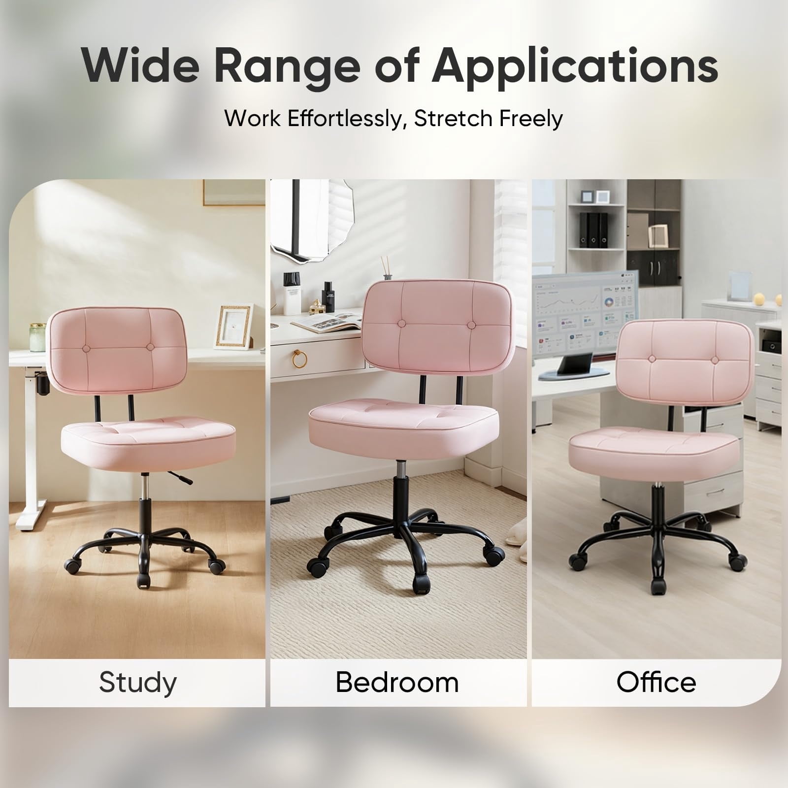 Telyra Armless Office Chair Adjustable PU Leather Desk Chair with Wheels Padded Low-Back Swivel Vanity Chair, Pink