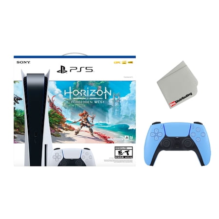 Sony Playstation 5 Disc Edition Horizon Forbidden West Bundle with Extra Blue Controller and Microfiber Cleaning Cloth