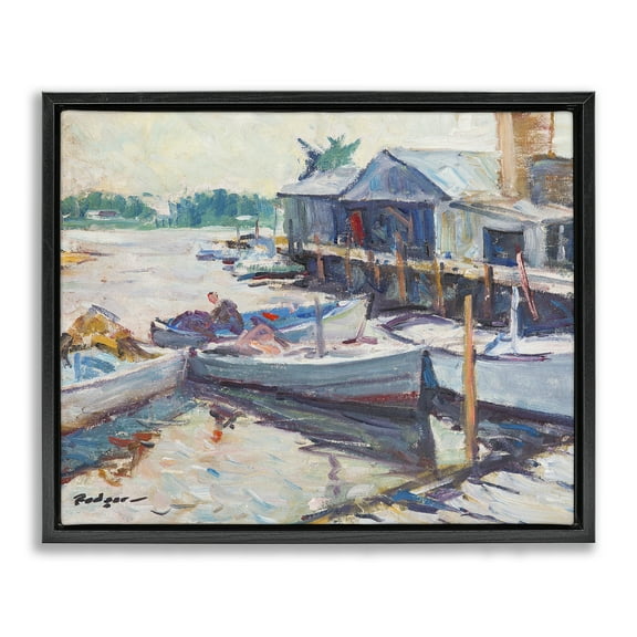 Stupell Industries Scenic Boat Marina Landscape & Nature Painting Black Floater Framed Canvas Art Print Wall Art, 21 x 17