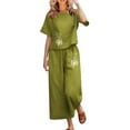 thumbnail image 1 of Ensembles en Lin 2025 pour Femmes Ensembles d'Été pour Femmes pour le Travail 2 Pcs Pantalons en Coton pour Femmes Blouse Imprimée à Manches Courtes Salopettes de Planche à Neige pour Femmes Pantalons Amples Raccourcis Ensemble Deux Pièces Pantalon, 1 of 5