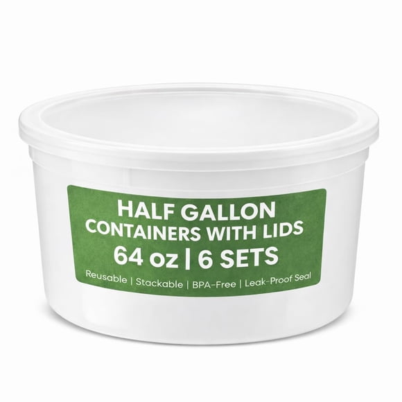64 oz Food Storage Containers with Lids Pack of 6, Half Gallon Round Plastic Deli Container with Leak-Proof Lid, BPA-Free, Freezer, Dishwasher & Microwave Safe