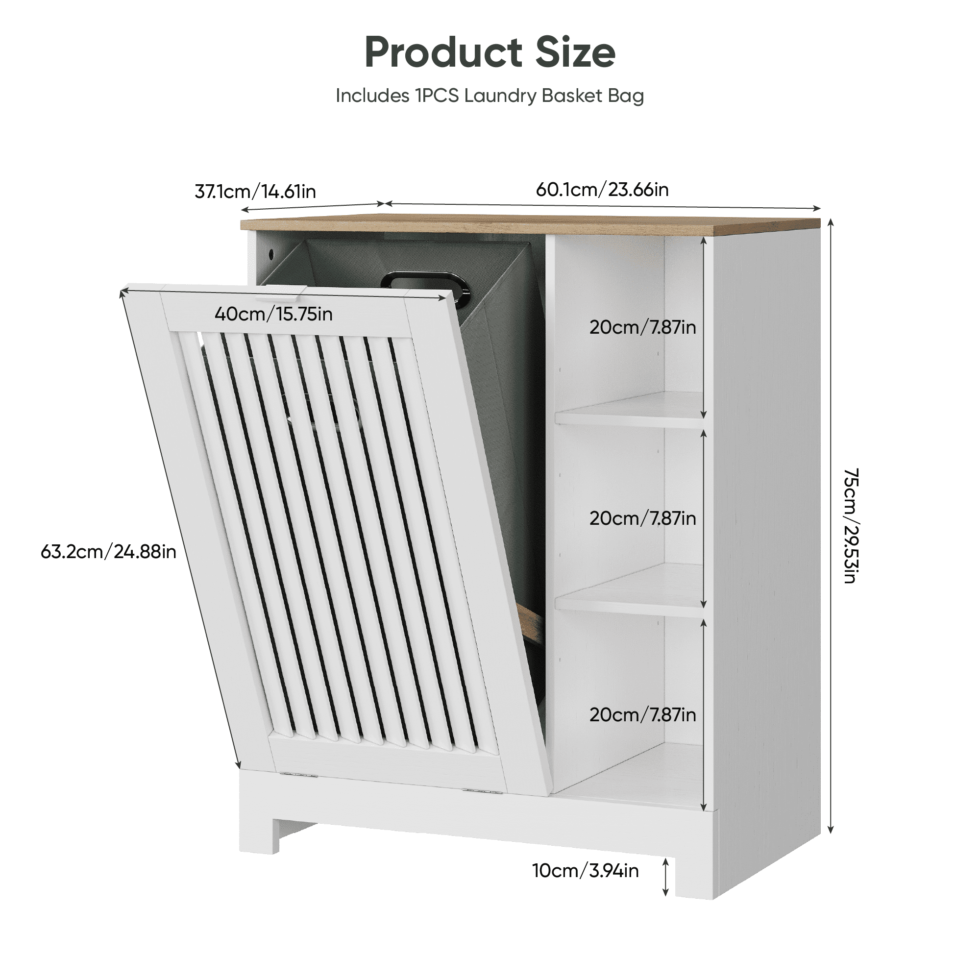 Smart FENDEE Laundry Hamper Cabinet with Louvered Door,Canvas Basket,3 Open Drawers, Laundry, White