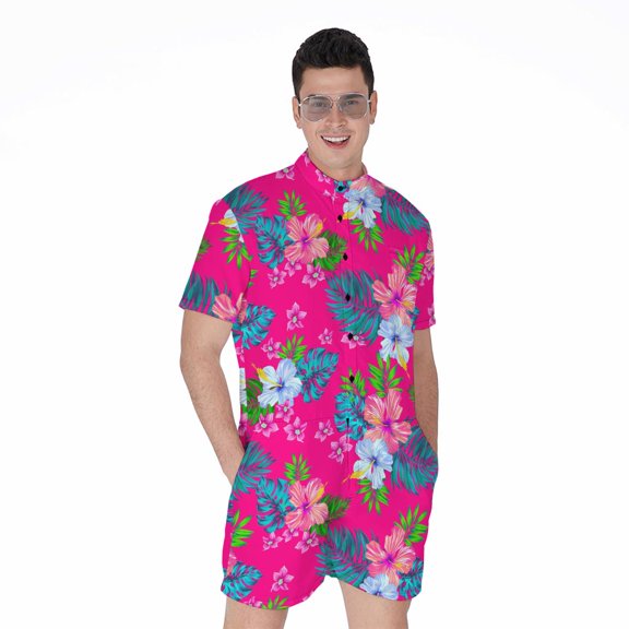 Hot Pink Aloha Hibiscus Pattern Short Sleeve Men'S Rompers, Aloha Tropical Hawaiian Casual Summer Jumpsuits Outfit