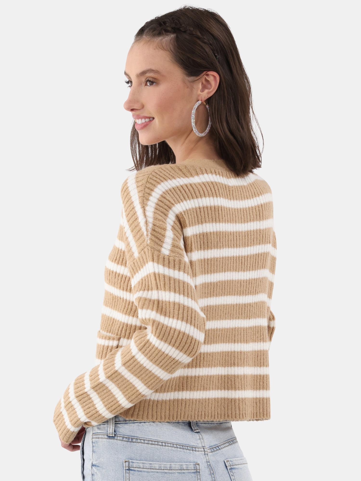 No Boundaries Button Front Ribbed Cardigan Sweater, Midweight, Women’s