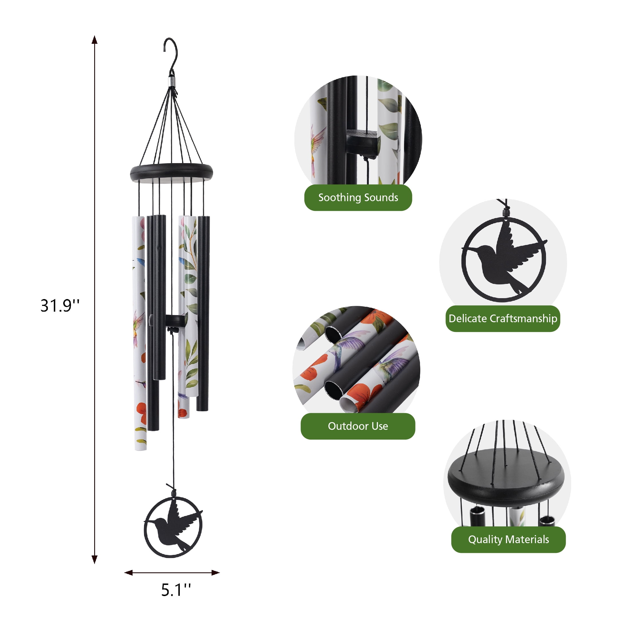 Mainstays Plastic and Metal Printed Hummingbird Outdoor Wind Chime, Weather-Resistant