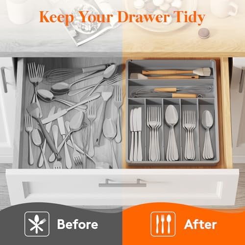 Silverware Drawer Organizer Tray, Plastic Cutlery Storage for Kitchen, Flatware and Utensil Holder Divider for Spoons Forks Knives Tableware, 12.3 x 16", 7 Slots, Gray