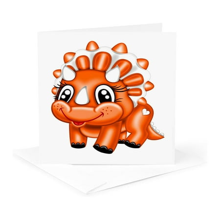 3dRose, Cute Orange and White Smiling Triceratops Dinosaur Illustration, 1 Greeting Card with envelope