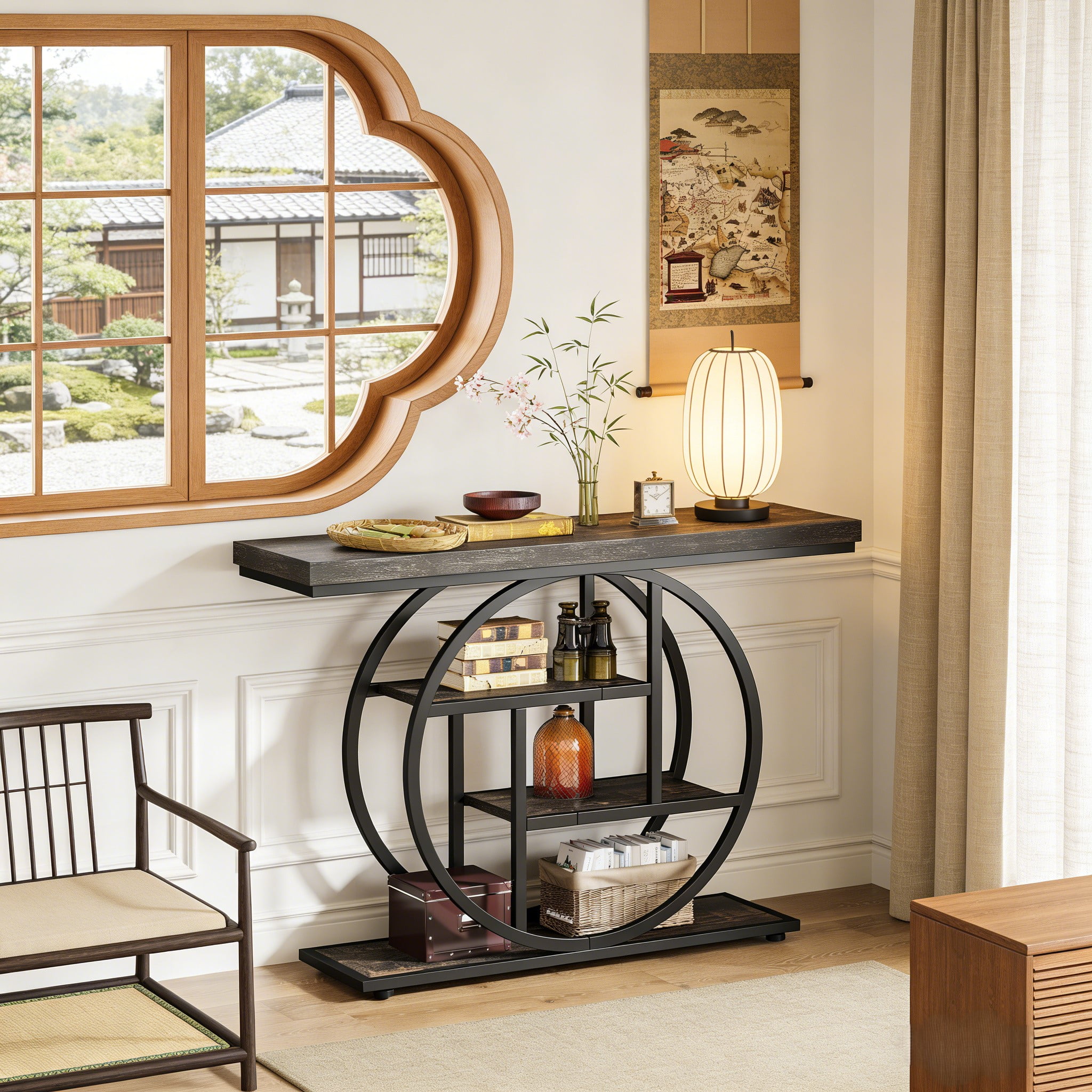 Fnova Console Table, Entryway Table with 4-Tier Storage Shelves, 42" Wood Modern Narrow Long Side Table, , Sofa Table, Accent Table for Living Room, Entryway, Hallway, Black