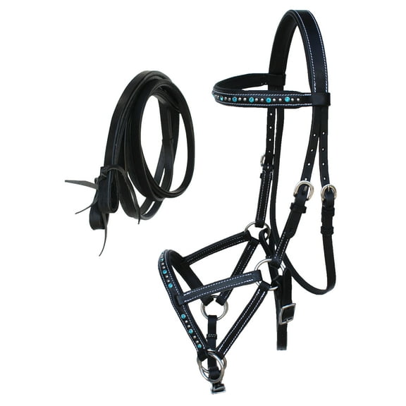 Horse Western Leather Turquoise Rhinestone Bitless Sidepull Bridle Reins 77RS04TR