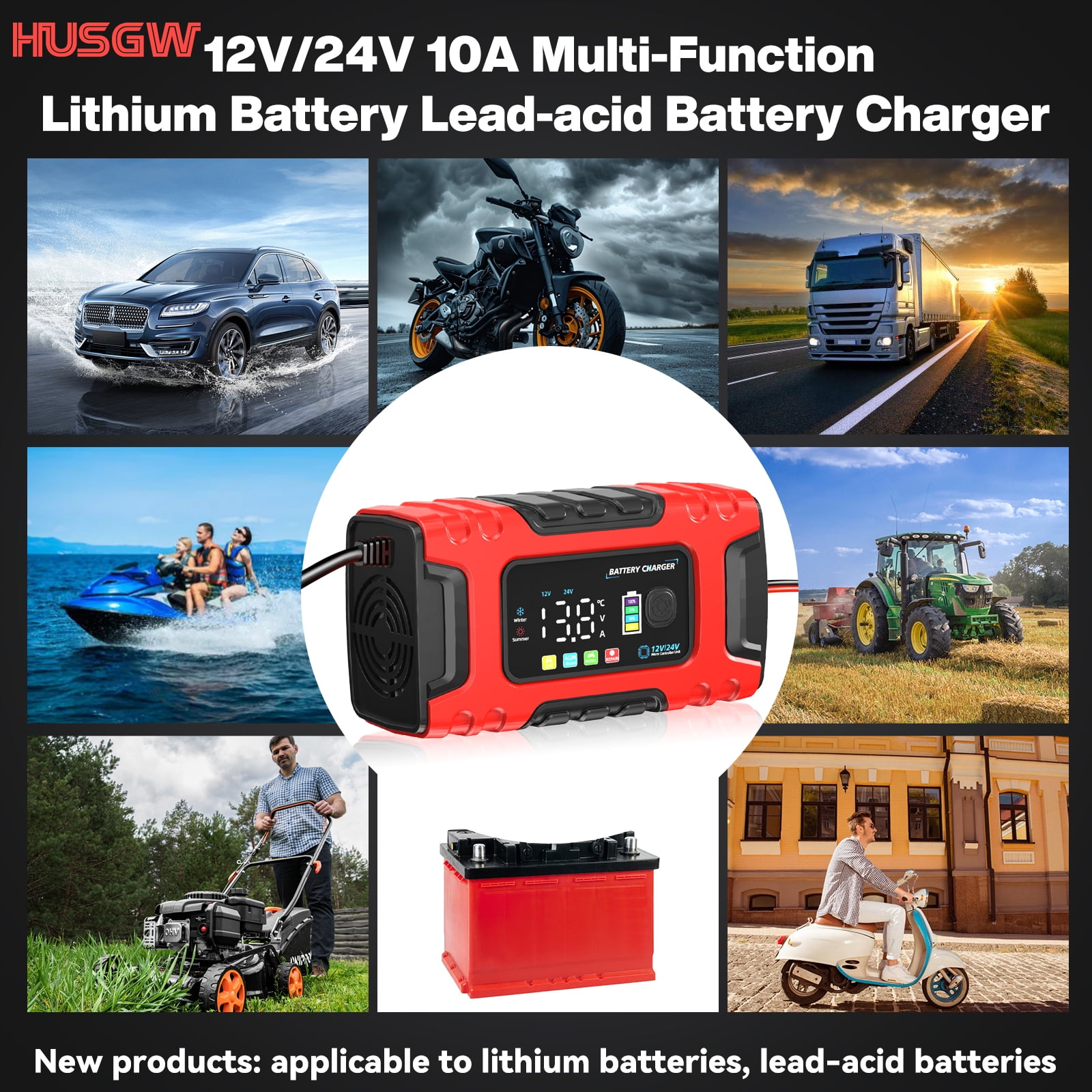 HUSGW Battery Charger 12V10A/24V5A Fully-Automatic Smart Car Battery Charger, Battery Maintainer Trickle Charger, Compatible with Lead-Acid & LiFePO4 ,AGM, STD, Gel, Deep Cycle Batteries
