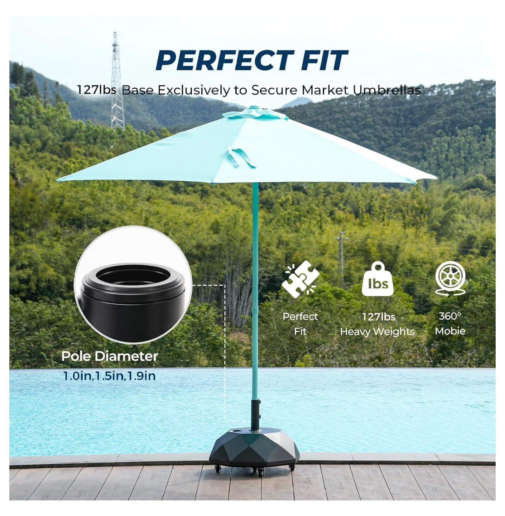 H16 Patio Umbrella Stand Base with 5 Wheels - 127lbs Heavy Duty Rolling Weights Outdoor Umbrella Base, Refillable High-Density HDPE Materia Weights Stand for Outside Patio
