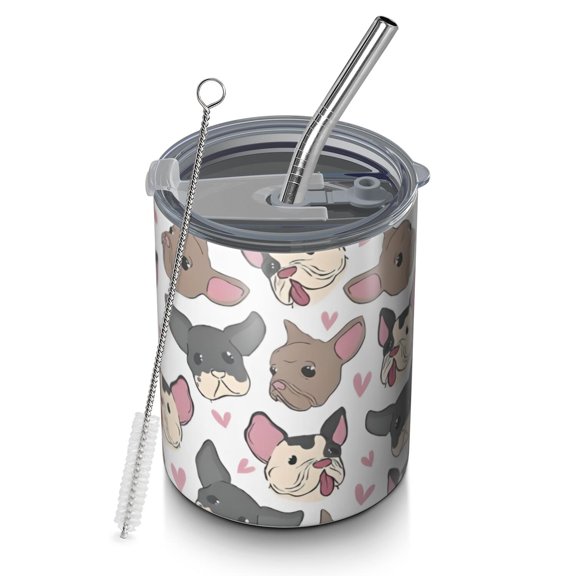 12oz Coffee Tumblers Bulldog Dog and Love Heart Stainless Steel Vacuum Insulated Travel Tumbler Coffee Cups Mug with Lid and Straw with Cleaning Brush for Cold & Hot Drinks