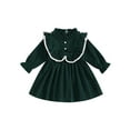 thumbnail image 2 of Elippeo Little Girl Autumn Corduroy Dress Mock Neck Ruffled Long Sleeve Bow Decor A-Line Dress 12 18 24 Months 3 4 5 Years, 2 of 10