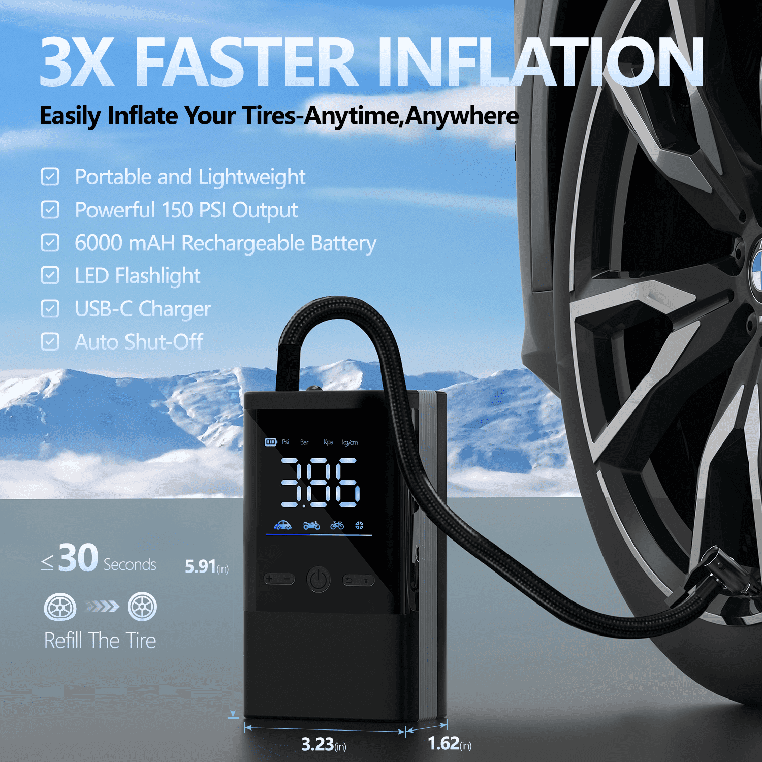 Askmuse Portable Tire Inflator Air Compressor, 150 PSI Fast Cordless Car Air Pump with Digital Pressure Gauge, Auto Shut Off, LED Light, for Car, Bike, Motorcycle, Ball, Swim Ring, Rubber Boat