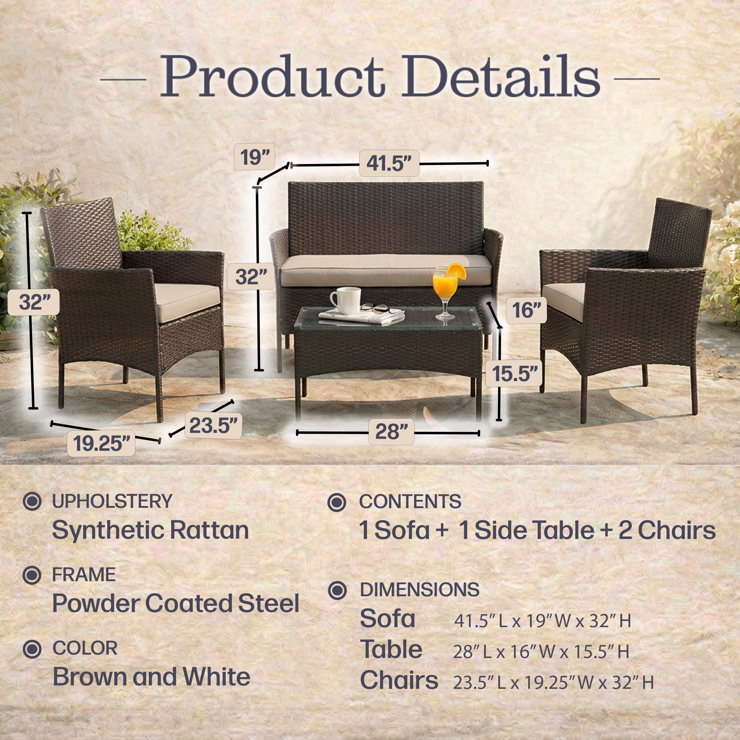 Lavish Home 4-Piece Patio Furniture Set with Couch, Chairs, and Table (Black)