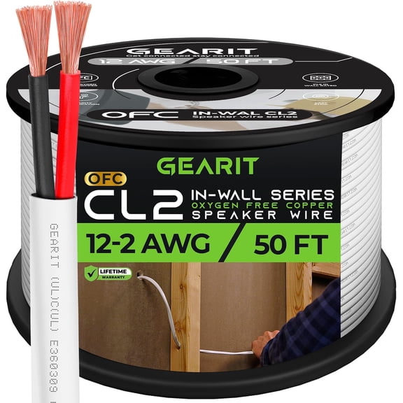 GearIT 12/2 Speaker Wire (50 Feet) 12AWG Gauge - Fire Safety In Wall Rated Audio Speaker Wire Cable / CL2 Rated / 2 Conductors - OFC Oxygen-Free Copper, White 50ft