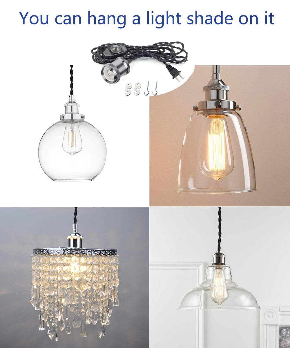Kiven Single Chrome Edison Socket Vintage-Style Pendant Light Cord w/Dimmer, 14.7FT Twisted Black Cloth Bulb Cord Hanging Light Fixture