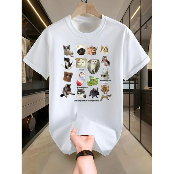 Camiseta de algodón con estampado de gato para hombre: informal, versátil y transpirable, con cuello redondo, perfecta para el verano.