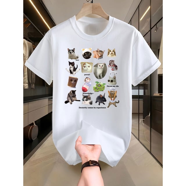 Fun Cat Print Cotton T-Shirt for Men - Casual & Versatile, Breathable Crew Neck Tee, Perfect for Summer, Casual Sporty Tee, Summer Gifts