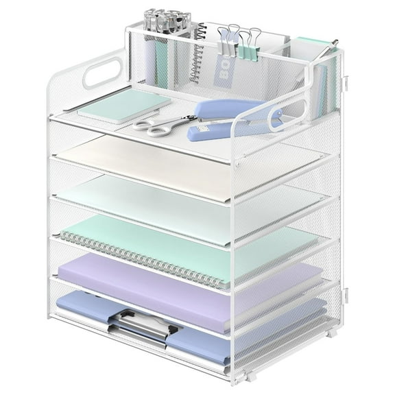 INTIGE 6-Tier Desk Organizer, Metal Paper Organizer with 3 Pen Holders and Handle, White, 1 Pcs