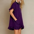 thumbnail image 4 of Smsaxvxz Summer Dresses for Women Fashion Solid V Neck Ruffle Short Sleeve Casual Loose Pocket T-Shirt Dress Purple M, 4 of 7