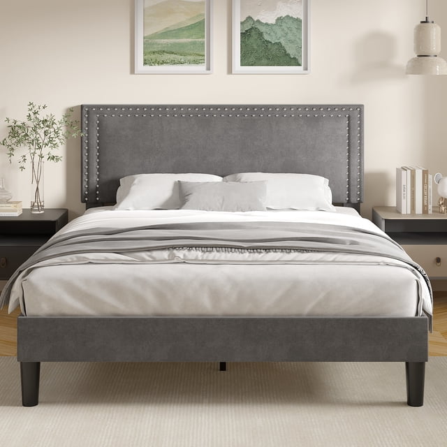 VECELO Queen Bed Frame with Adjustable Height Upholstered Headboard, Strong Wood Slat Support, No Box Spring Needed, Dark Gray
