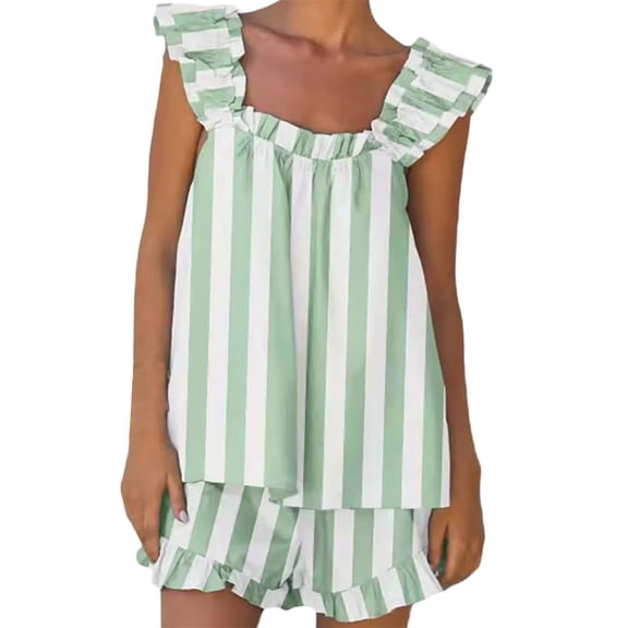 MEICHEN Lounge Set for Women Women's Pajama Set Soft Cotton Set Summer 2 Outfits Ruffle Trim Top and Shorts Set Sleepwea Women's Essentials Fashion Sleepwear